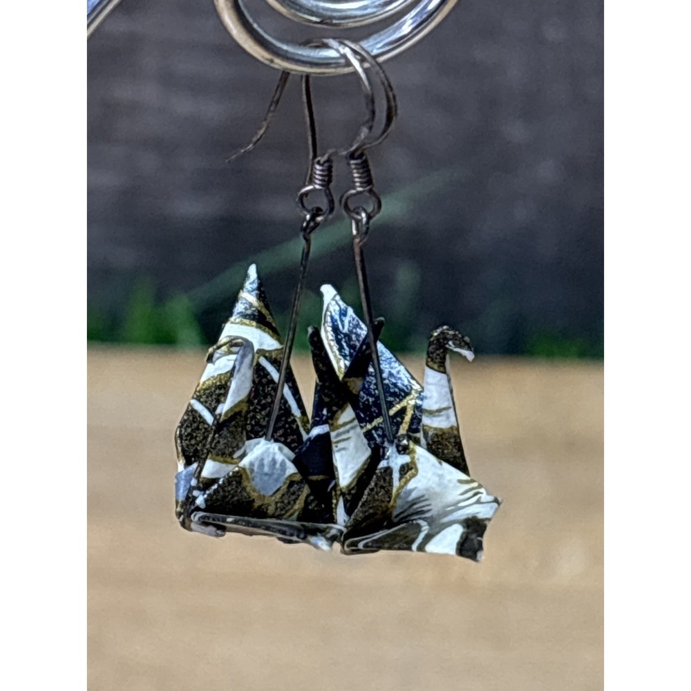 Vintage Flying Crane Origami Earrings Japanese Washi Paper Sterling Silver USA